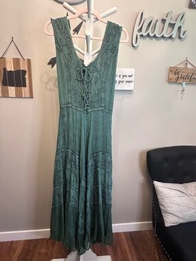 Advance Apparels Teal Embroidered Lace-Up Maxi Dress